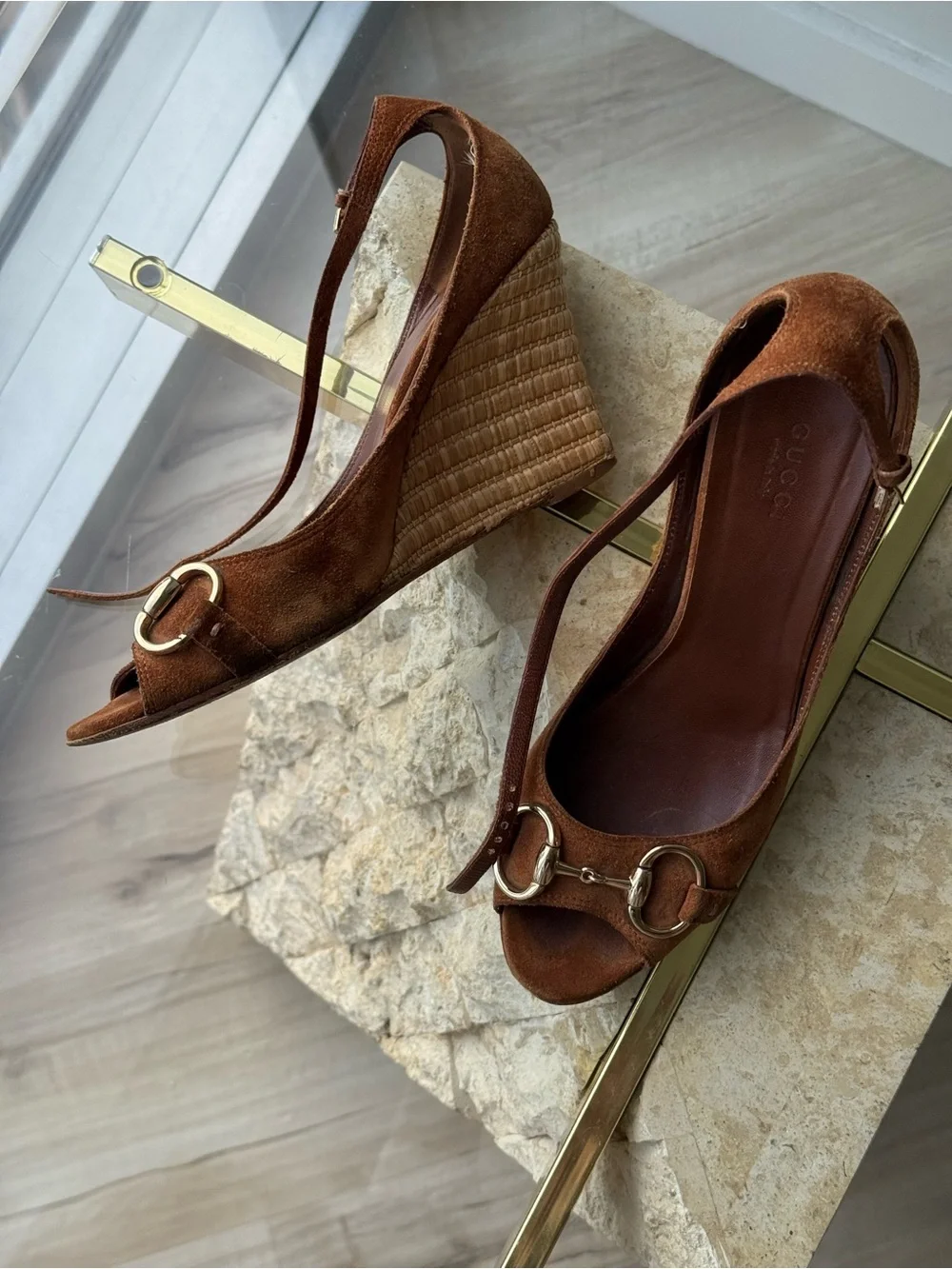 Gucci Brown Suede Peep-Toe Wedge Sandals with Gold US 7.5